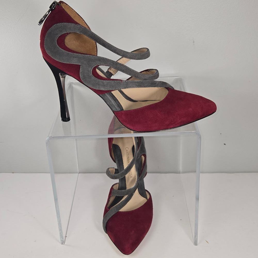 Carolinna Espinosa Pumps Womens 7.5 Burgundy Suede Colorblock Strappy Heel